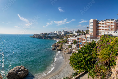 Aerial view of touristic town Nerja in Costa del Sol in winter from "balcon de Europa", Andalusia, Spain