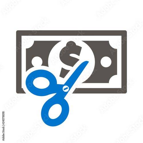 Scissors cut dollar bill icon vector. Discount Logo. Sell sale shopping symbol. Cost reduction illustration.