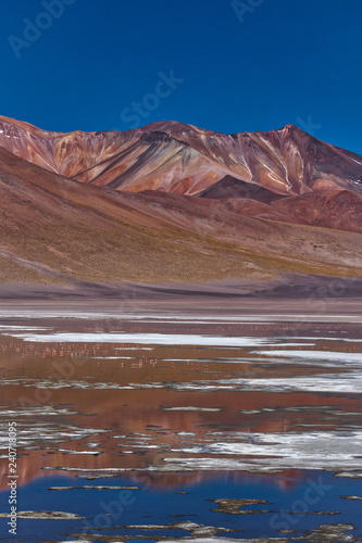 Colorful mountains reflected in salty lake