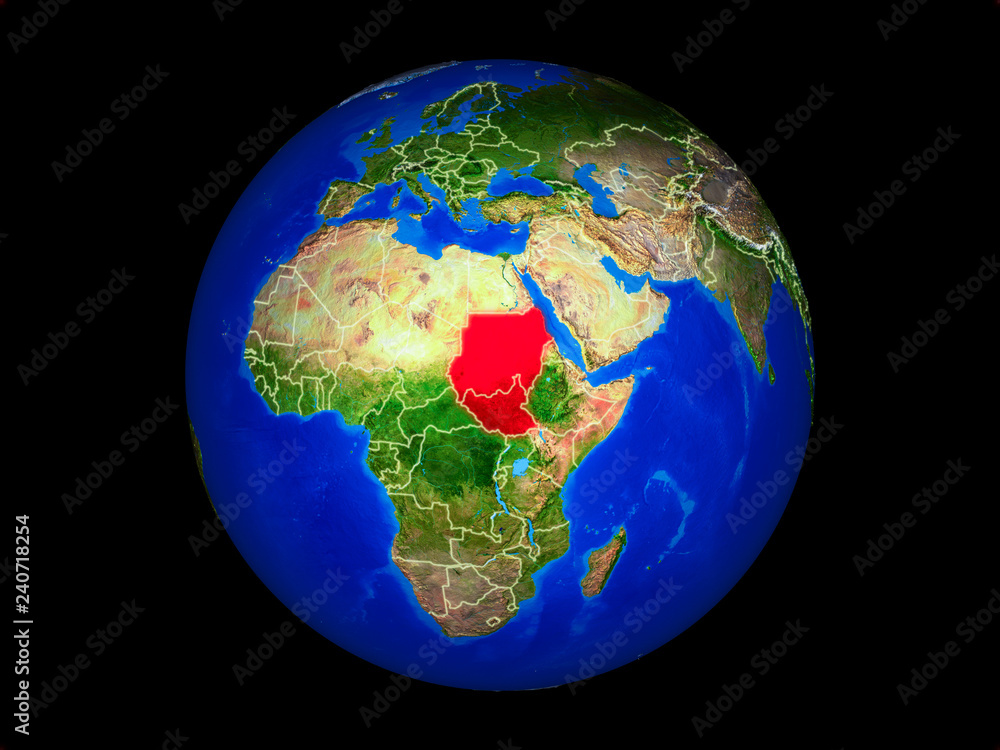 Former Sudan on planet planet Earth with country borders. Extremely detailed planet surface.