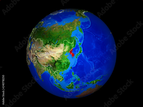 Korea on planet planet Earth with country borders. Extremely detailed planet surface.