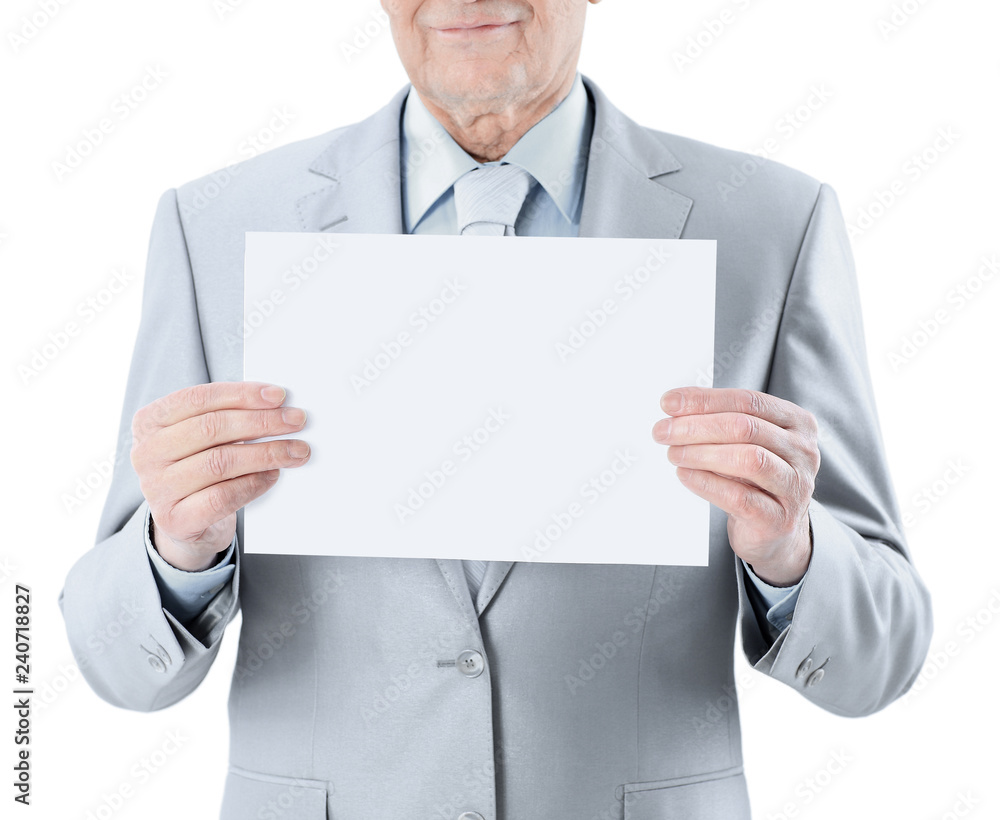 Close-up of't holding a big white poster. Isolated on a white background. Close-up of't holding a big white poster. Isolated on a white background.