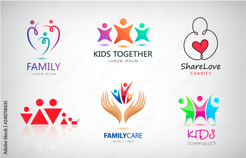 Vector set of family, kids, support, charity, people group logos Stock ...