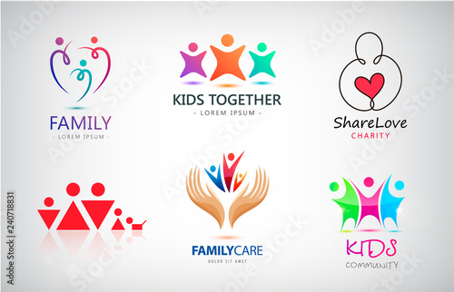 Vector set of family, kids, support, charity, people group logos