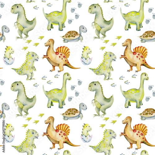 Watercolor cute dinosaurs  turtles and baby dino seamless pattern