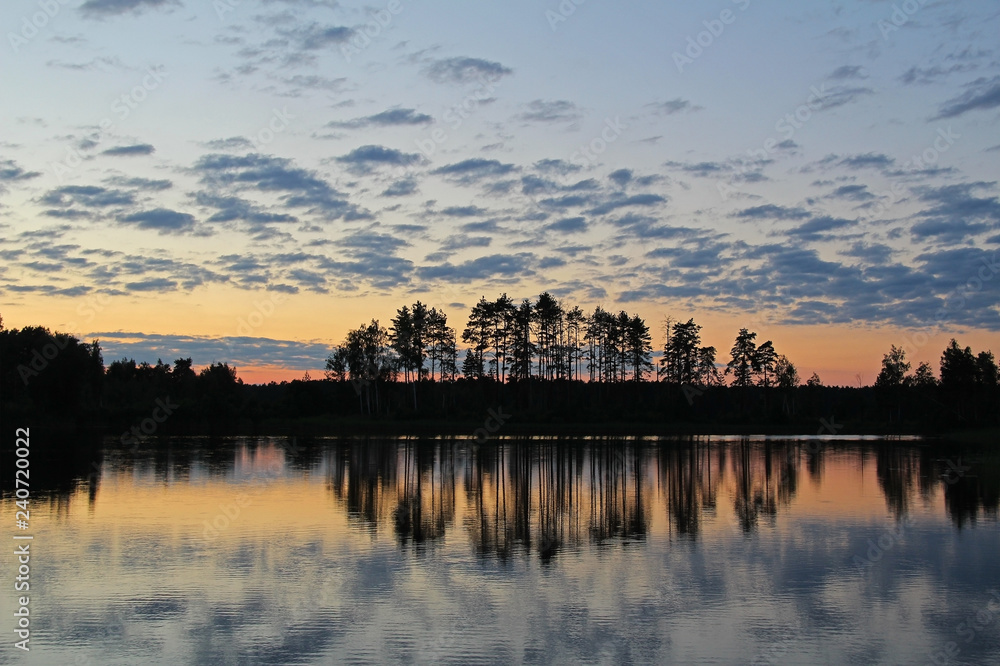 Silhouettes of trees and colorful sky are reflected in the forest lake in the evening. Unusual and picturesque scene. Russia.