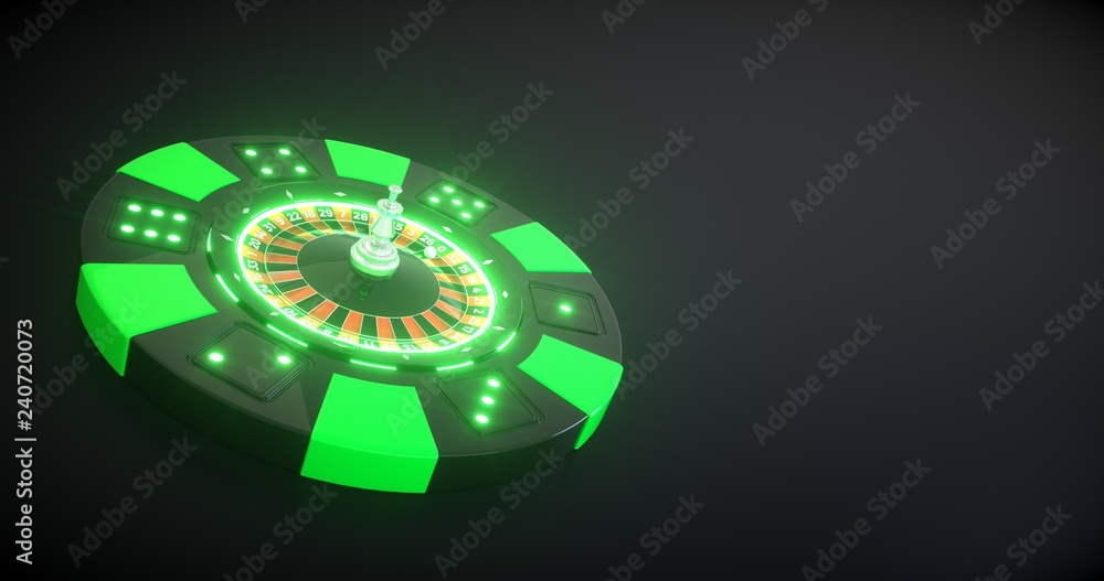 3D Rendering Of Casino Chip With Roulette Wheel Inside With Neon Lights - Isolated On The Black Background