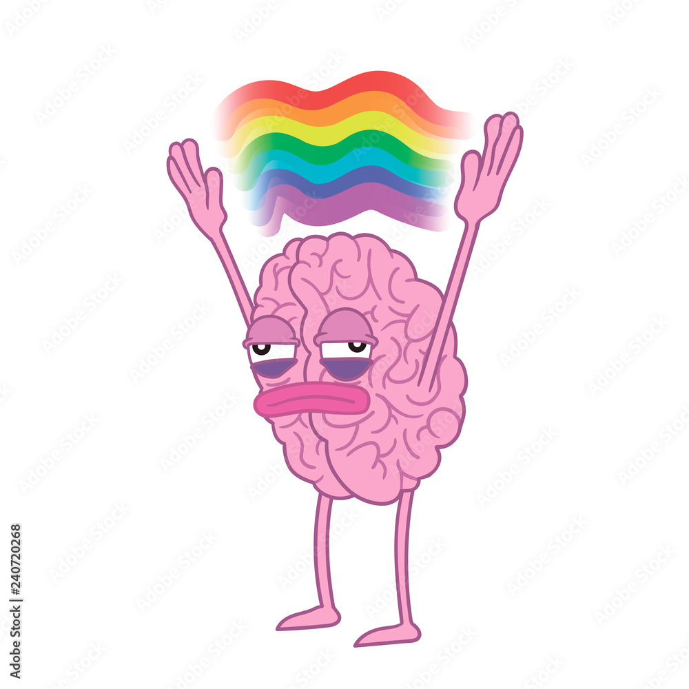 Tired brain spreads his arms above with a rainbow, meme Stock Vector |  Adobe Stock