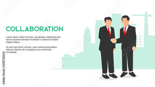 COLLABORATION two big boss businessman shake hands collaborate to build stronger business with growth business building background flat syle illustration