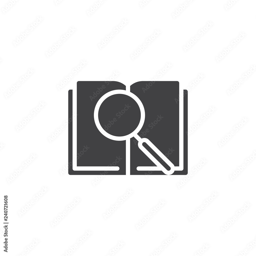 Book search vector icon. filled flat sign for mobile concept and web design. Open book pages and magnifier simple solid icon. Symbol, logo illustration. Pixel perfect vector graphics Book search vector icon. filled flat sign for mobile concept and web design. Open book pages and magnifier simple solid icon. Symbol, logo illustration. Pixel perfect vector graphics