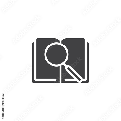 Book search vector icon. filled flat sign for mobile concept and web design. Open book pages and magnifier simple solid icon. Symbol, logo illustration. Pixel perfect vector graphics