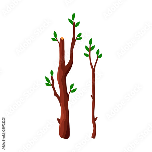 Cartoon tree branches with green leaves isolated on white background - flat vector illustration
