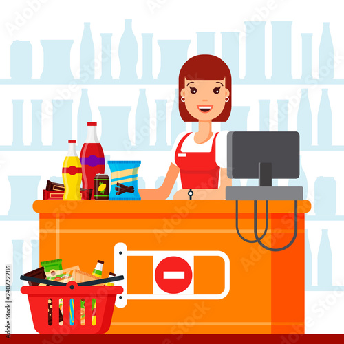 Woman cashier in supermarket with snack products. Seller at the counter with food basket, fast food snacks, drinks, nuts, chips, cracker, juice, sandwich in the store - flat vector illustration photo