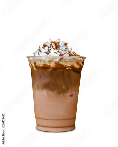 Iced latte coffee based chocolate drink with whipped cream isolated on white background