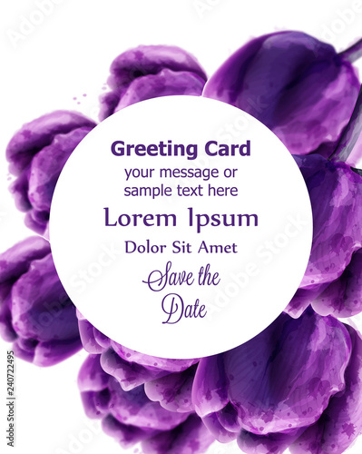 Purple Tulip flowers round card Vector watercolor. Invitation card, wedding c...