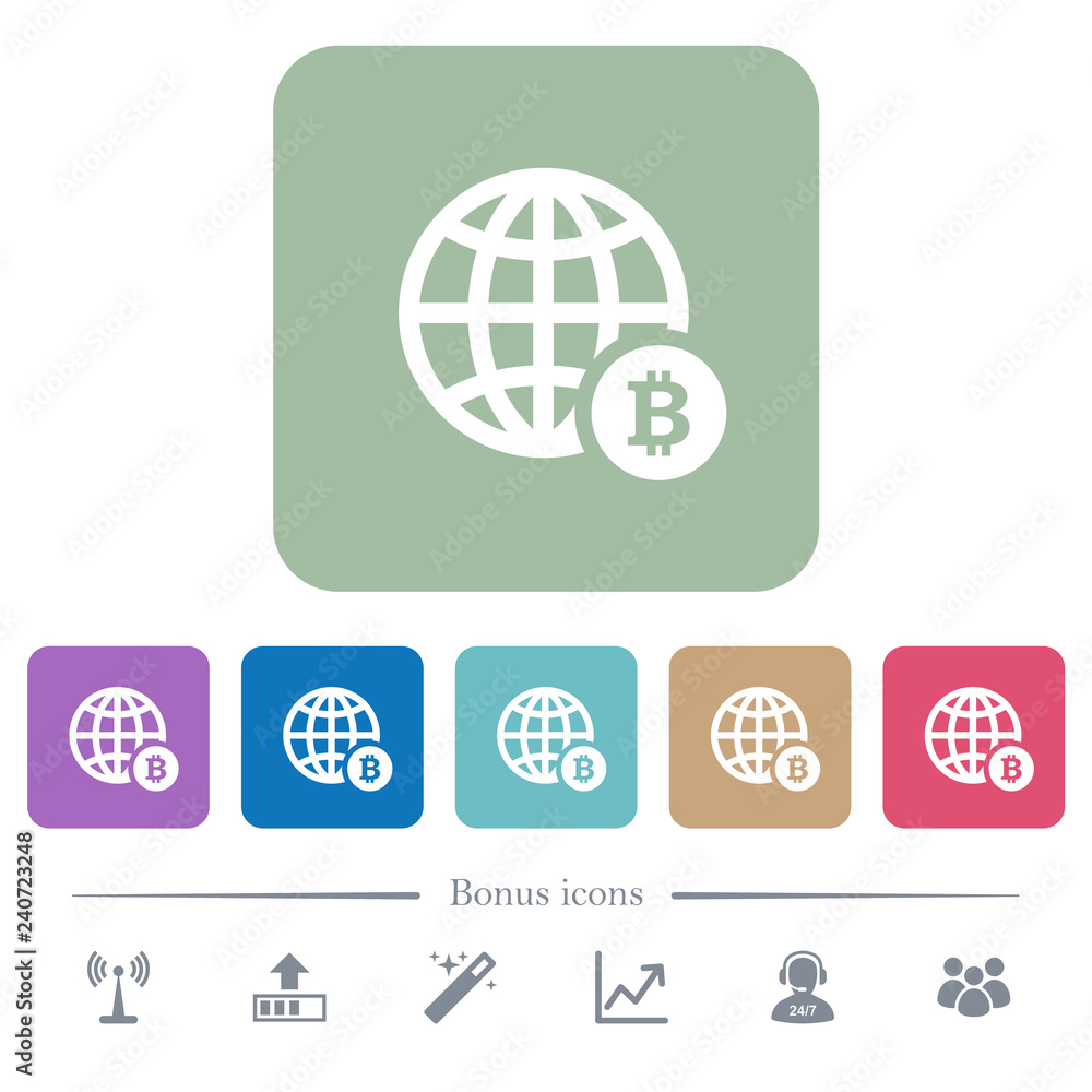 Online Bitcoin payment flat icons on color rounded square backgrounds Online Bitcoin payment flat icons on color rounded square backgrounds