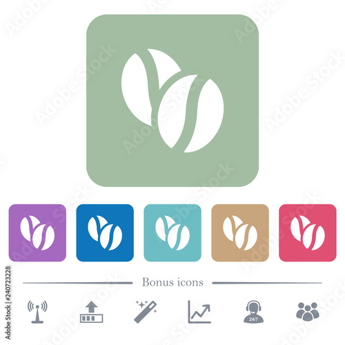 Coffe beans flat icons on color rounded square backgrounds