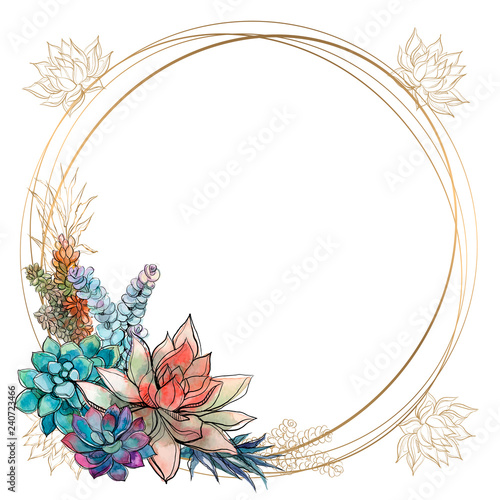The frame is round. Roses. Gold  Vector illustration