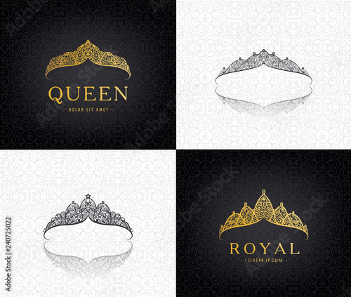 Vector set of lace luxury crown logos. Queen, faminine, jewelry tiara icons.