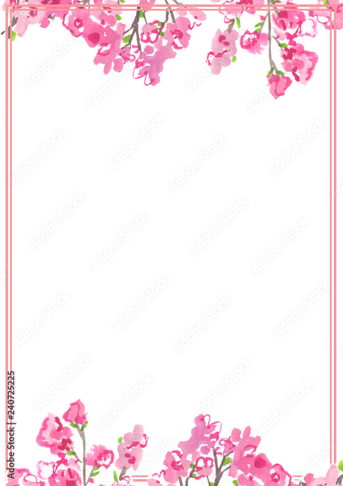 Pink frame with blooming cherry tree branches painted in watercolor on clean white background. Standard paper size A4 template