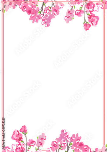 Pink frame with blooming cherry tree branches painted in watercolor on clean white background. Standard paper size A4 template © tina bits