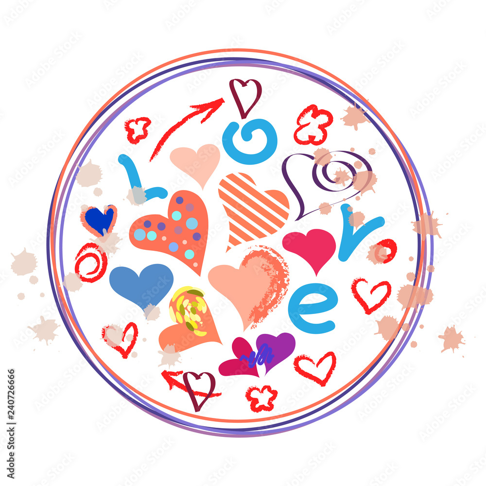Hand-drawn vector greeting card with hearts and inscription Love. Holiday background in doodle style. For Valentine's Day and wedding invitations.