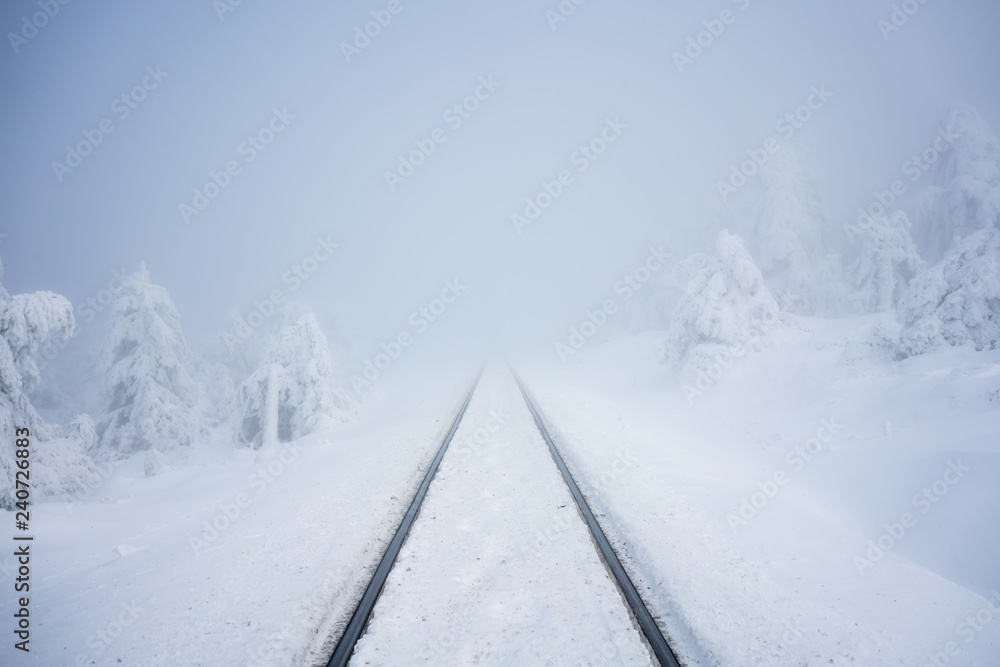 Railroad into a snow covered forest Railroad into a snow covered forest