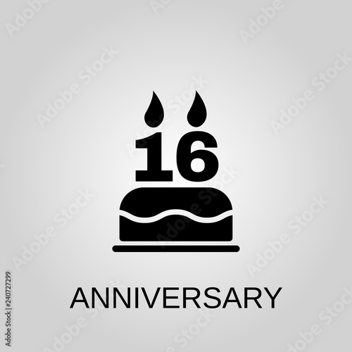 The birthday cake with candles in the form of number 16 icon. Anniversary concept symbol design. Stock - Vector illustration can be used for web.