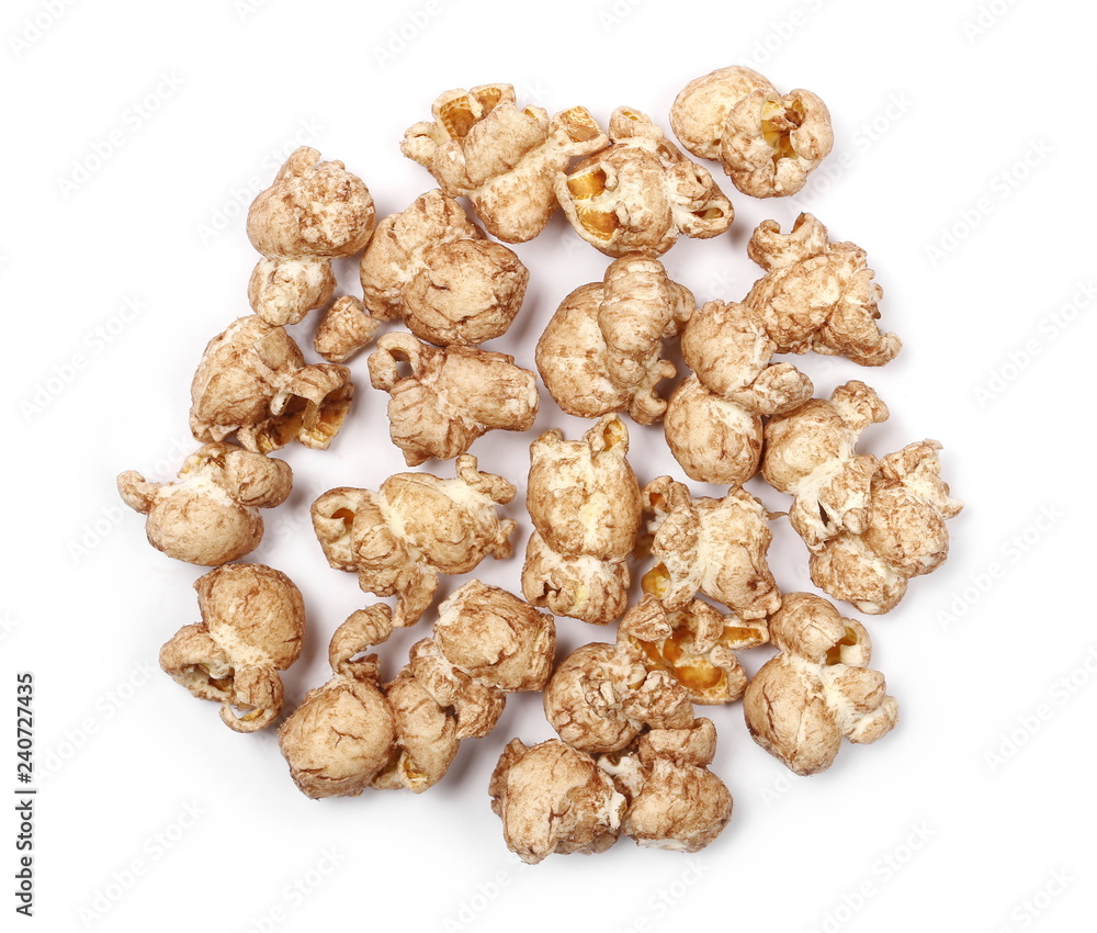 Chocolate flavored popcorn isolated on white background, top view
