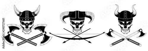A set of vector images of the Viking skull in helmets with weapons.
