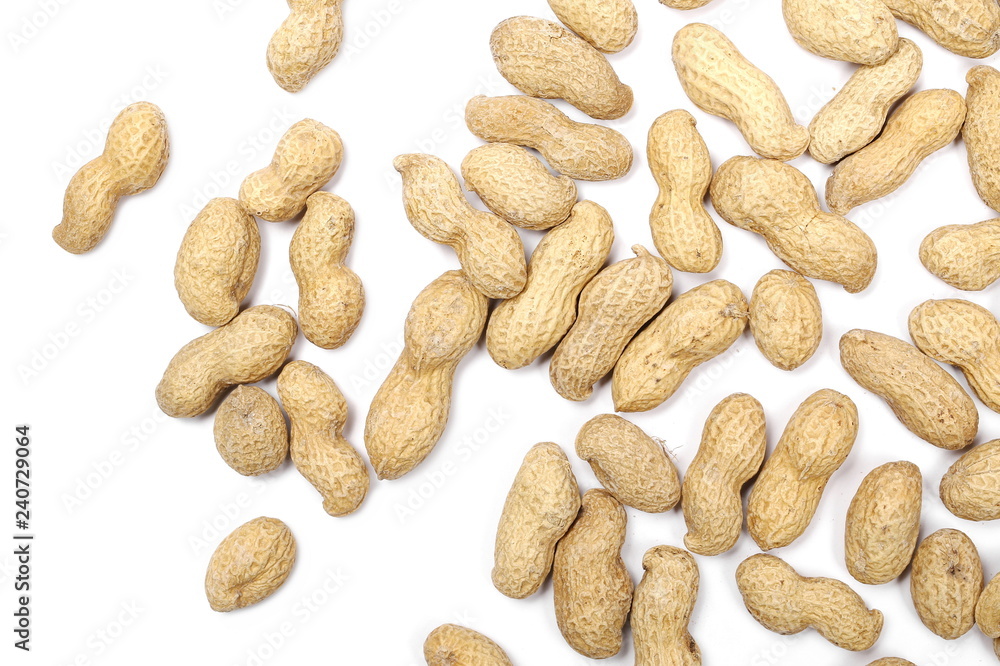 Peanuts with shells isolated on white background, top view Peanuts with shells isolated on white background, top view