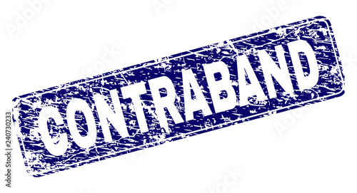 CONTRABAND stamp seal print with distress style. Seal shape is a rounded rectangle with frame. Blue vector rubber print of CONTRABAND title with grunge style.