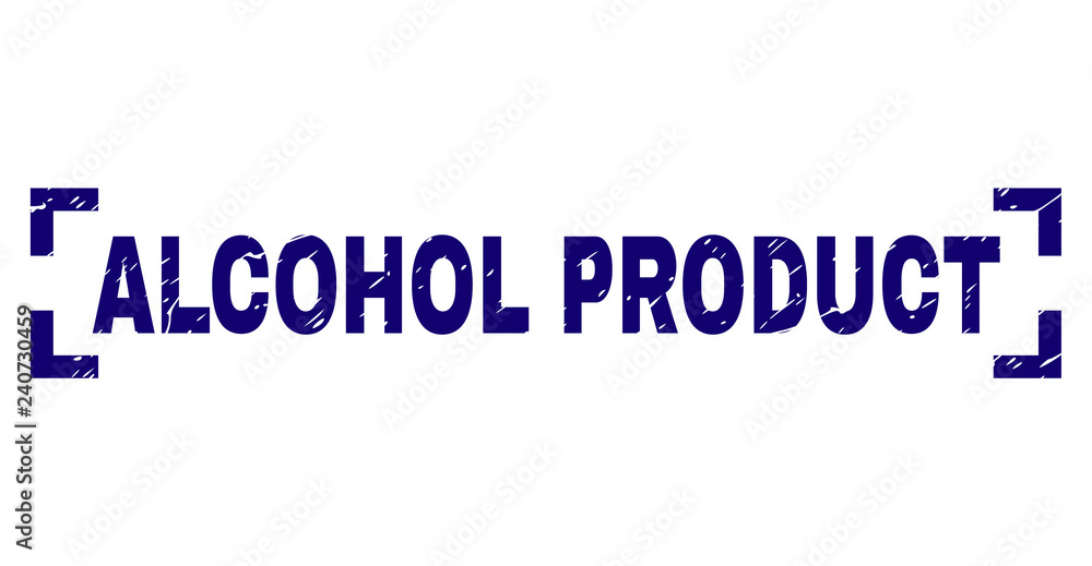 ALCOHOL PRODUCT text seal print with corroded style. Text caption is placed between corners. Blue vector rubber print of ALCOHOL PRODUCT with scratched texture.