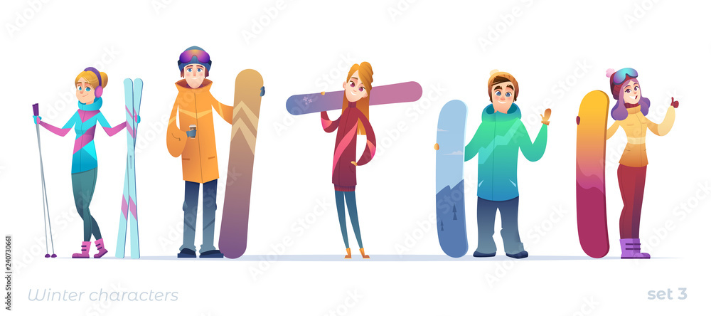 Young characters of people in different poses. Winter sports