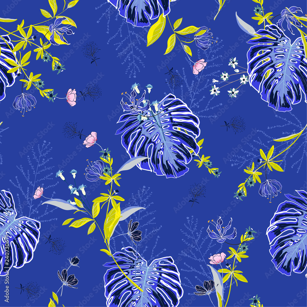Fototapeta premium Electric blue tropical Floral pattern in the many kind of flowers.