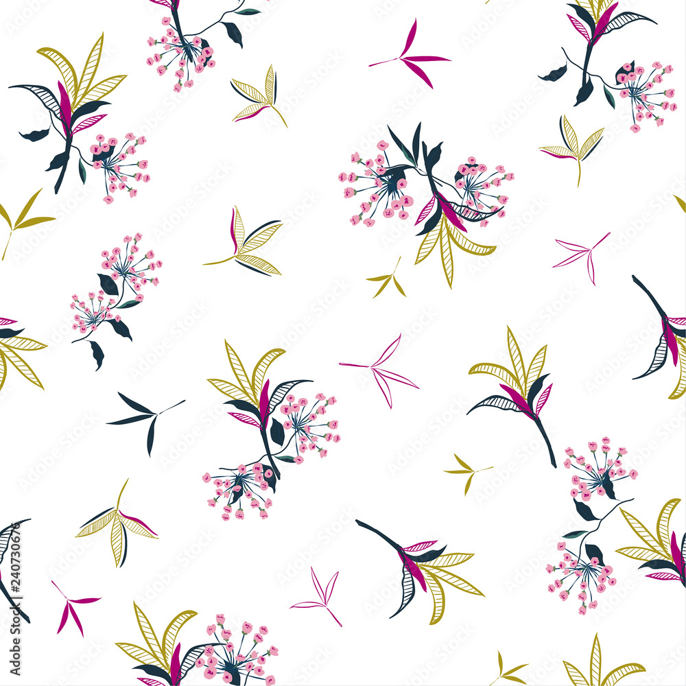 Retro  Floral pattern in the many kind of flowers. Tropical botanical in line hand drawing,