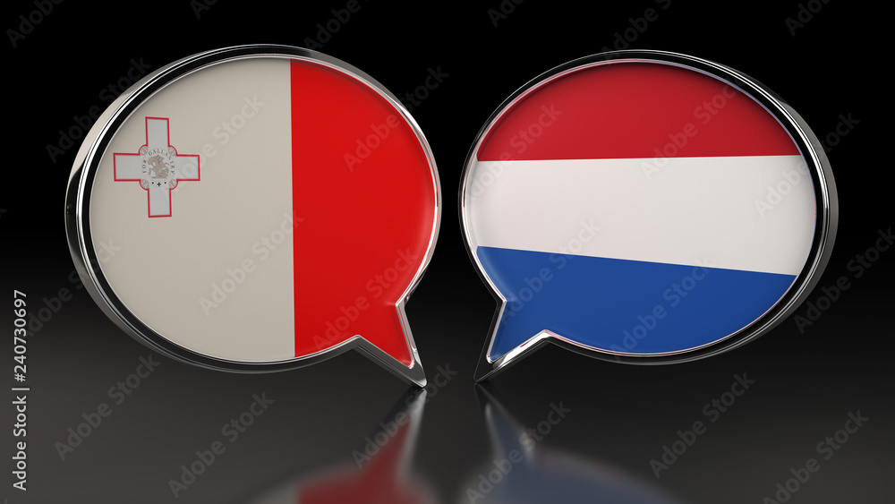 Malta and Netherlands flags with Speech Bubbles. 3D illustration Malta and Netherlands flags with Speech Bubbles. 3D illustration