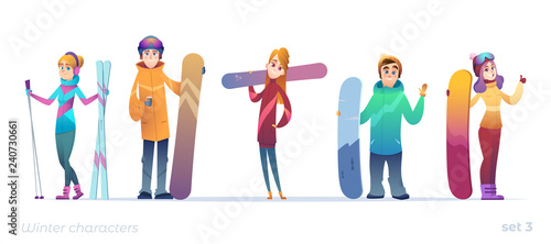 Young characters of people in different poses. Winter sports