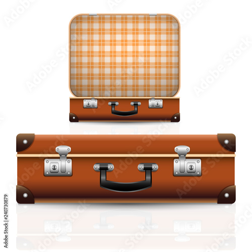 Open and closed old retro vintage suitcase