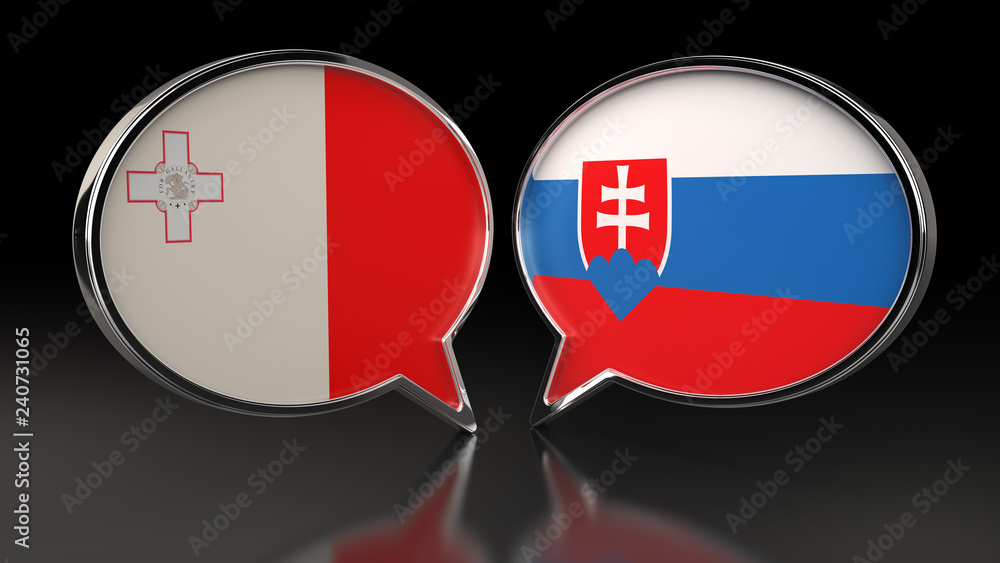 Malta and Slovakia flags with Speech Bubbles. 3D illustration Malta and Slovakia flags with Speech Bubbles. 3D illustration