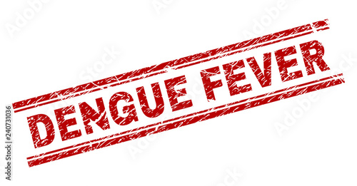 DENGUE FEVER seal print with corroded texture. Red vector rubber print of DENGUE FEVER label with dirty texture. Text tag is placed between double parallel lines.