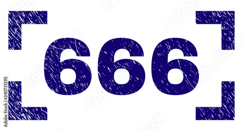 666 text seal print with grunge texture. Text title is placed between corners. Blue vector rubber print of 666 with dust texture.