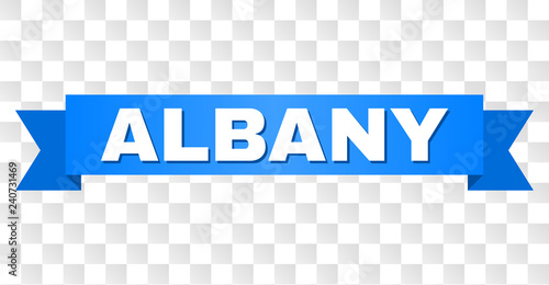 ALBANY text on a ribbon. Designed with white caption and blue tape. Vector banner with ALBANY tag on a transparent background.