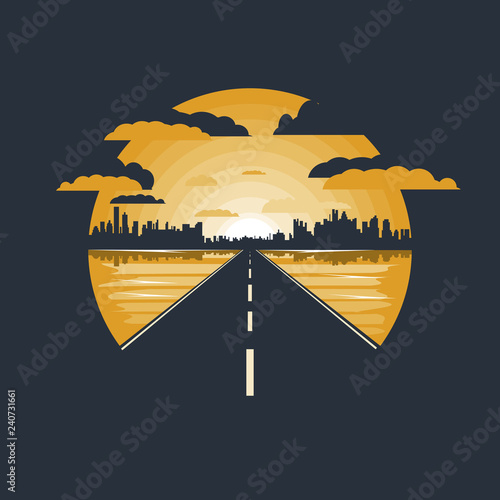 Road to the city road icon, icon of the mountains, nature, road sign. Negative space.Flat design