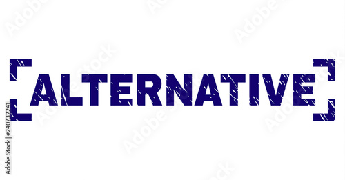 ALTERNATIVE text seal print with grunge effect. Text label is placed between corners. Blue vector rubber print of ALTERNATIVE with unclean texture.