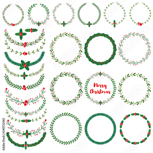 Set of New year, Christmas doodle hand drawn pattern brushes and wreath frames