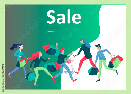 Landing page templates. People running for sale, crazy discounts, end of season, carrying shopping bags with purchases. Madness on seasonal sale at store shop. Cartoon character for black friday