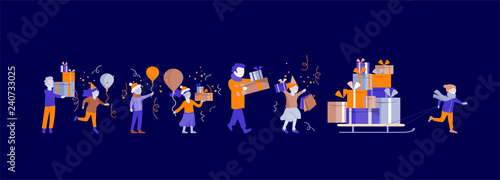 children and gift caroon characters, greeting card winter Holidays. Merry Christmas and Happy New Year Website. Character little girl to drag sleigh with a lot of gifts