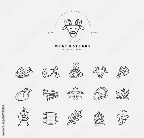 Vector icon and logo for meat and grill cafe or steak restaurant. Editable outline stroke size. Line flat contour, thin and linear design. Simple icons. Concept illustration. Sign, symbol, element.