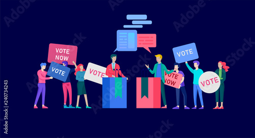 Voting and Election concept. Pre-election campaign. Promotion and advertising of candidate. Citizens debating candidates for voting and voting Online voting and election concept with people.